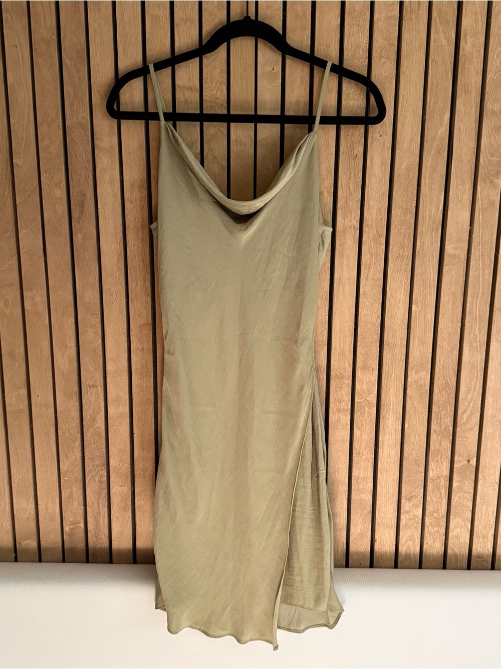 Naked Zebra Olive Green Slip Midi Dress with Cowl Neck